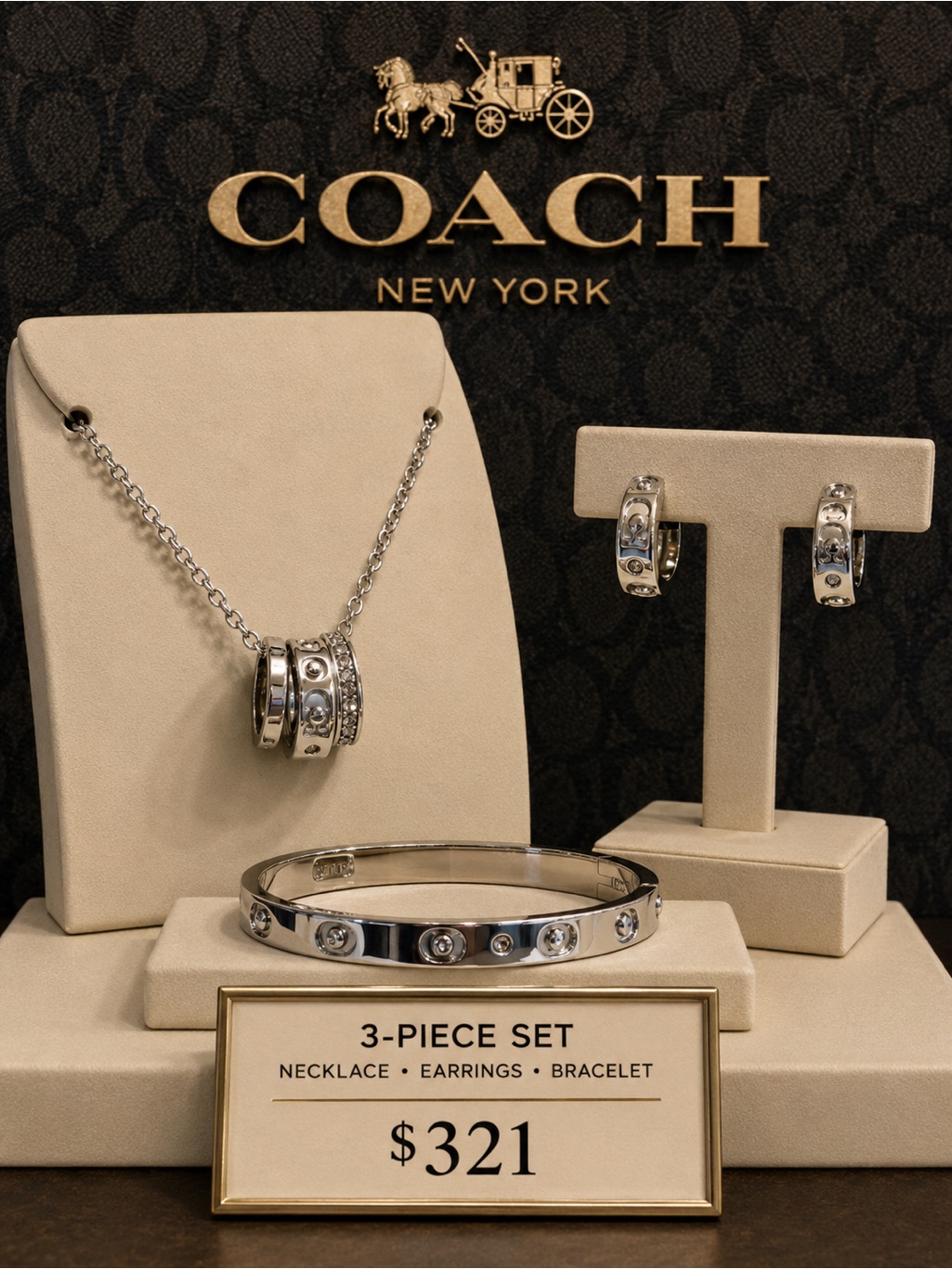 Coach Silver-Tone 3-Piece Necklace, Hoop Earrings & Bangle With Crystal Accents